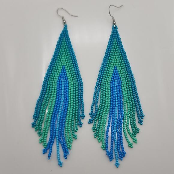Blue Green Boho Beaded Earrings - Picture 3 of 3
